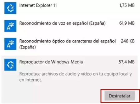 desinstalar reproductor de windows media