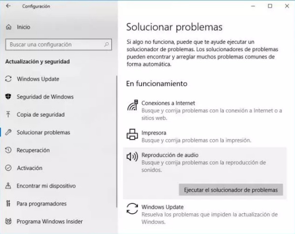 ejecutar el solucionador de problemas de audio windows