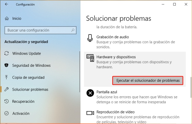 ejecutar el solucionador de problemas en hardware