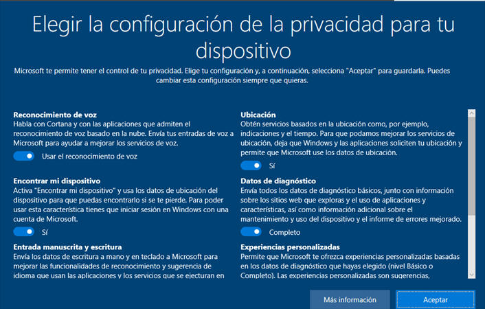 elegir la configuracion de la privacidda para tu dispositivo windows 10