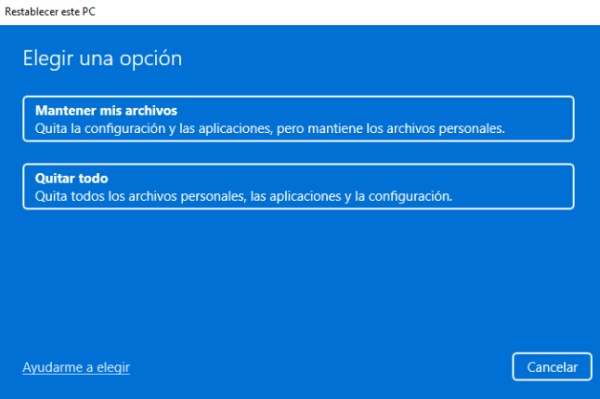 elegir una opcion para restablecer este pc