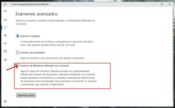 examen de windows defender sin conexion