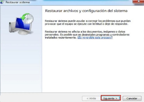 haz clic en siguiente para restaurar sistema de windows