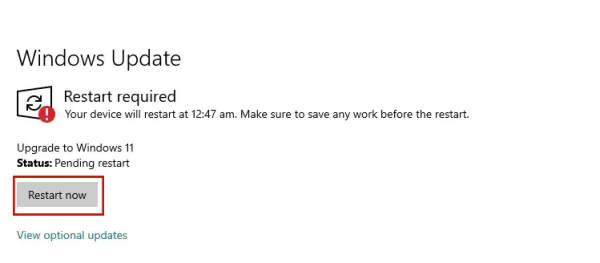 Haz clic en el botón «Reiniciar ahora»