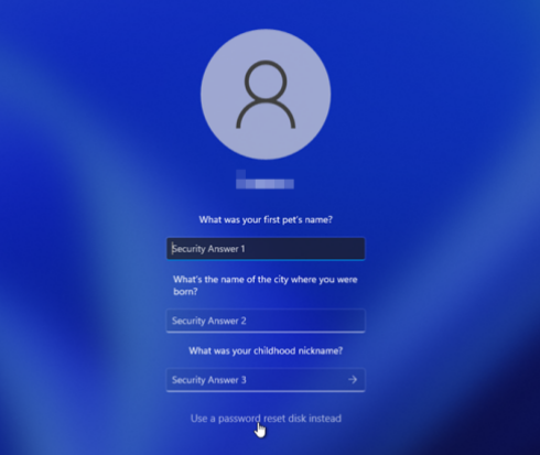 Pantalla de restablecimiento de contraseña con preguntas de seguridad