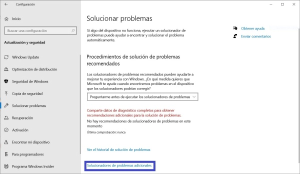 solucionador de problemas adicionales windows
