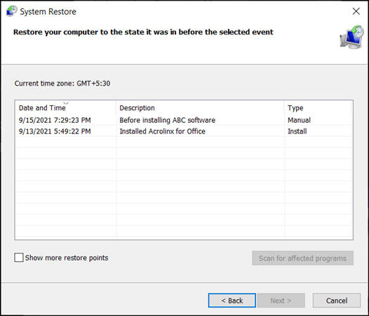 system restore