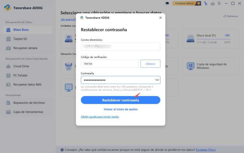 confirmación para restablecer contraseña en 4ddig
