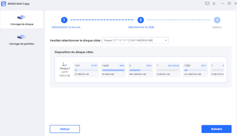 sélectionner la nouvelle carte sd comme disque cible