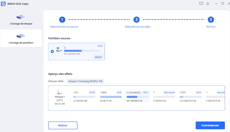 prévisualisation et démarrage du clonage de la partition