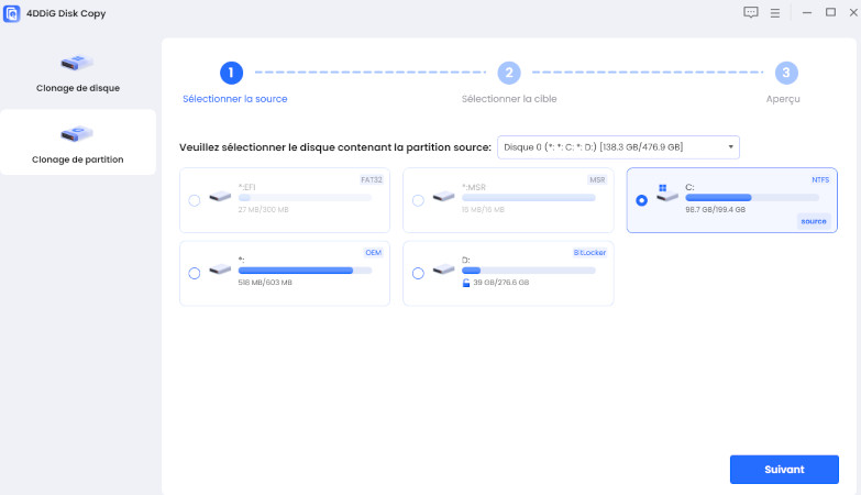 sélectionner la partition du disque à copier