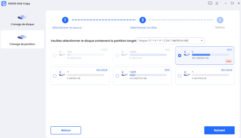 sélectionner la partition cible ou l'espace non alloué