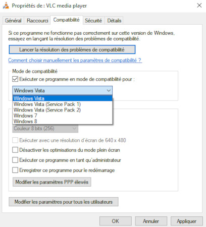 exécuter l'application en mode de compatibilité pour corriger l'erreur 0xc0000142 