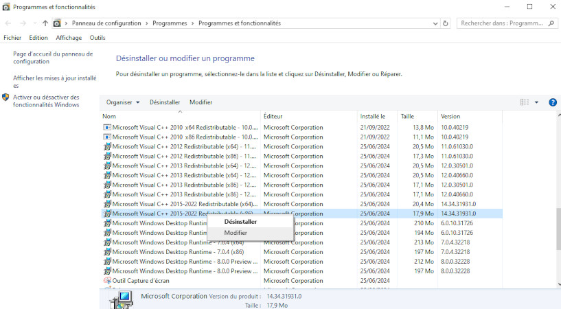 désinstaller les redistribuables c++