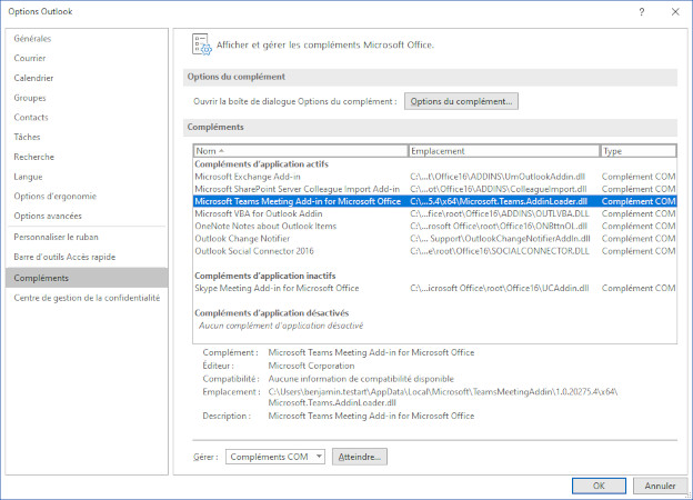 désactiver les compléments d'outlook
