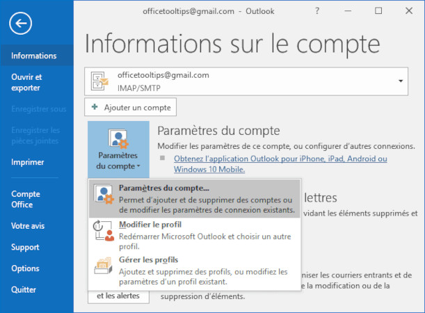 gérer les profils dans outlook