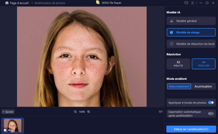 Sélectionner le modèle de visage et la résolution pour retoucher la photo