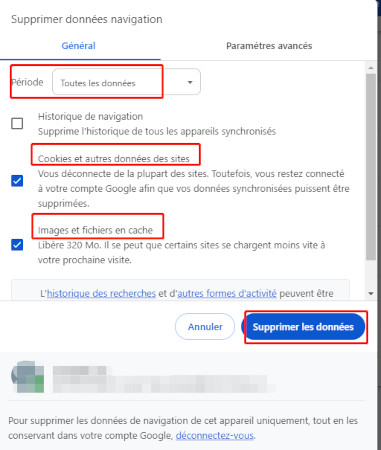effacer le cache de chrome pour résoudre le code d'erreur 233001