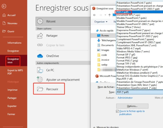 Enregistrer PowerPoint dans un format compressé