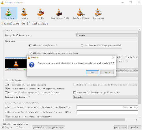 réinitialiser les préférences vlc