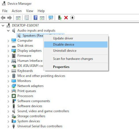 désactiver le périphérique audio pour corriger l'erreur de rendu audio