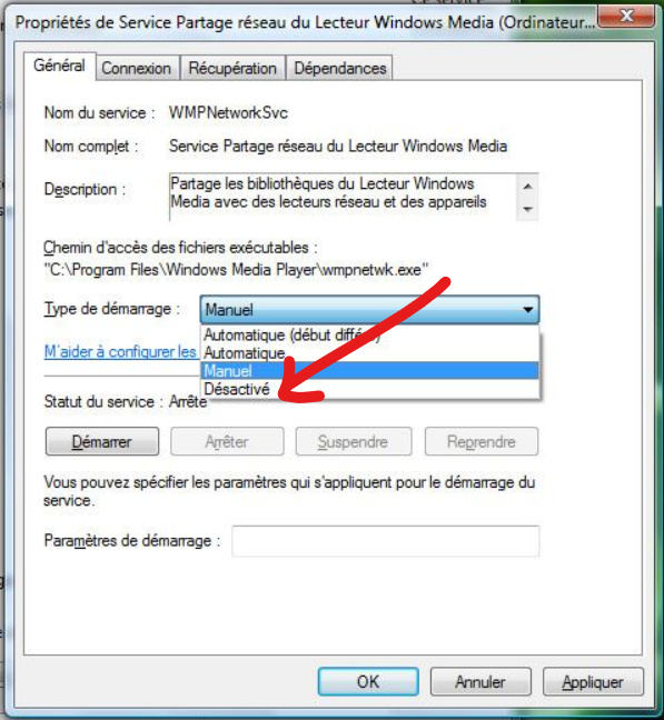 désactiver le service de partage réseau dans wmp-3
