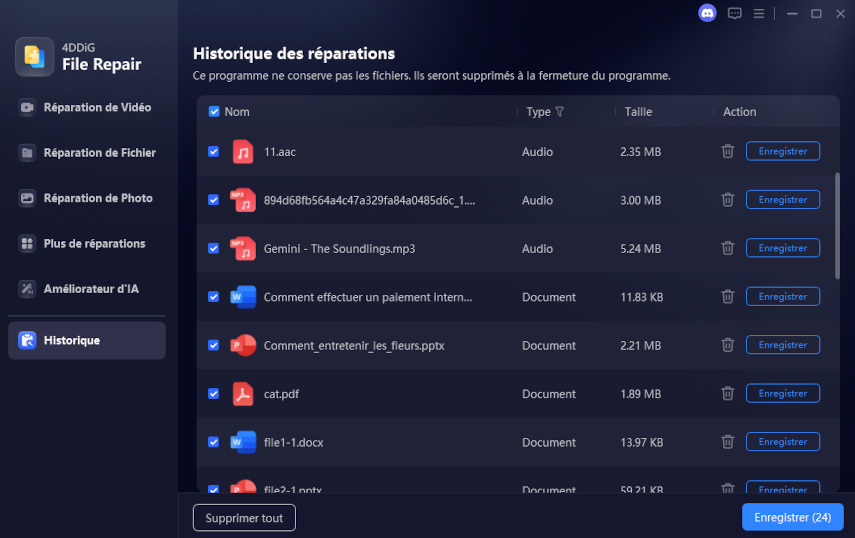 accéder à tous les historiques de réparation des fichiers