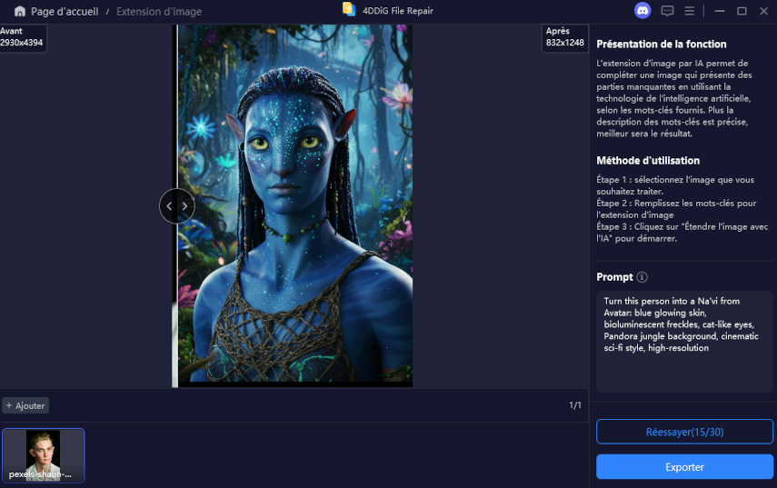 exporter l’image générée avec le filtre Avatar Na’vi