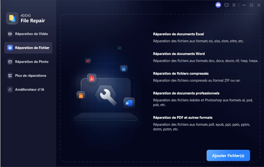 sélectionner la réparation de fichiers et ajouter des fichiers Excel corrompus