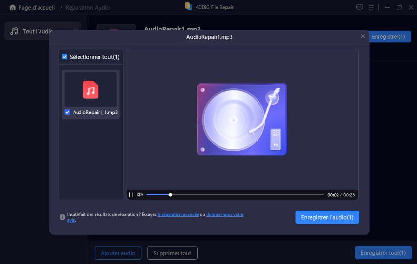 Prévisualisation des fichiers audio réparés