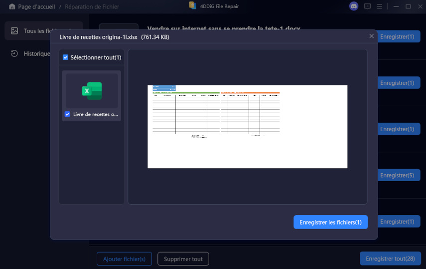 prévisualiser le fichier Excel réparé