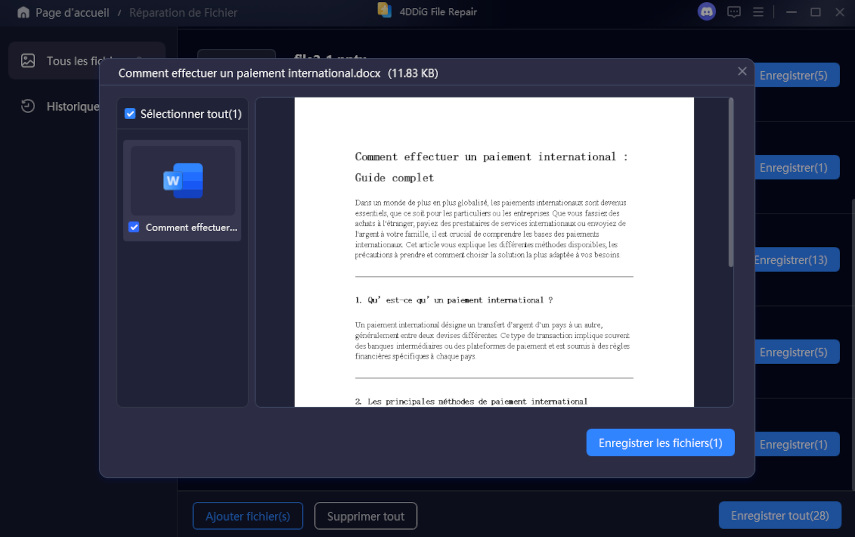 prévisualiser le fichier Word réparé