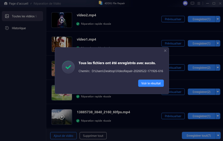 enregistrer la vidéo réparée
