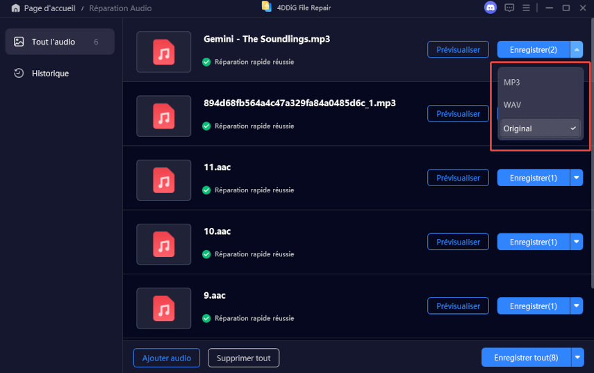 sélectionner le format de sortie des fichiers audio réparés