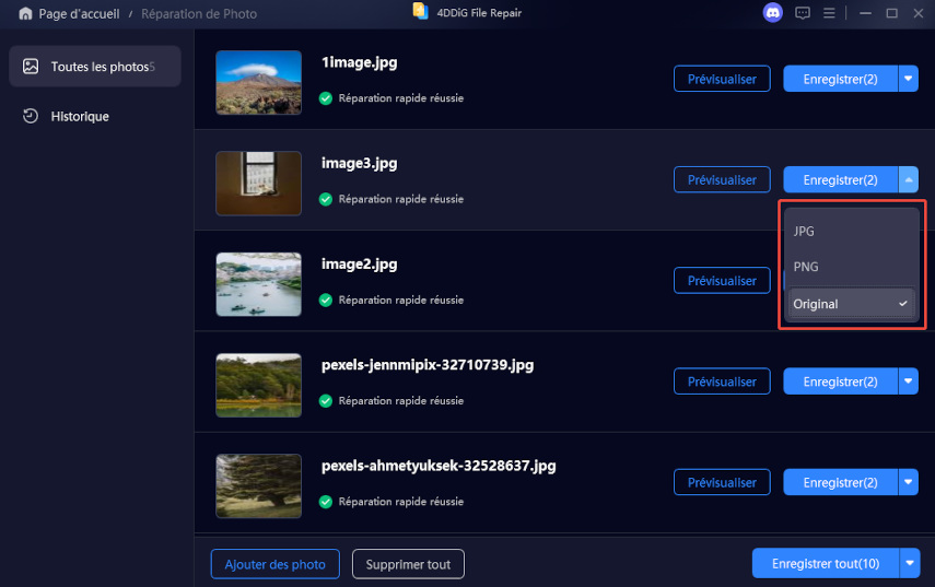 sélectionner le format de sortie des photos réparées