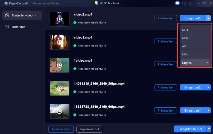 sélectionner le format de sortie des vidéos réparées