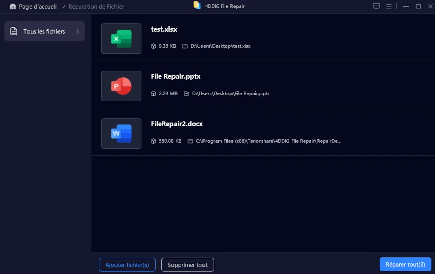réparer tous les fichiers Excel ajoutés
