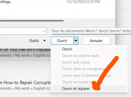 fix corrupted word file using the open and repair option