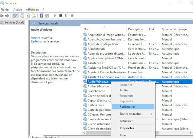 redémarrer le service audio Windows pour corriger l'erreur de rendu audio