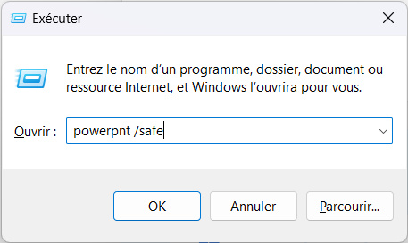 open powerpoint in safe mode to fix powerpoint cant read error