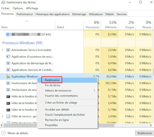 
Clic droit sur le Gestionnaire des tâches puis redémarrer