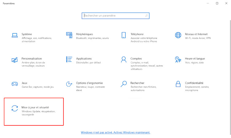 Ouvrez Mise à jour et sécurité