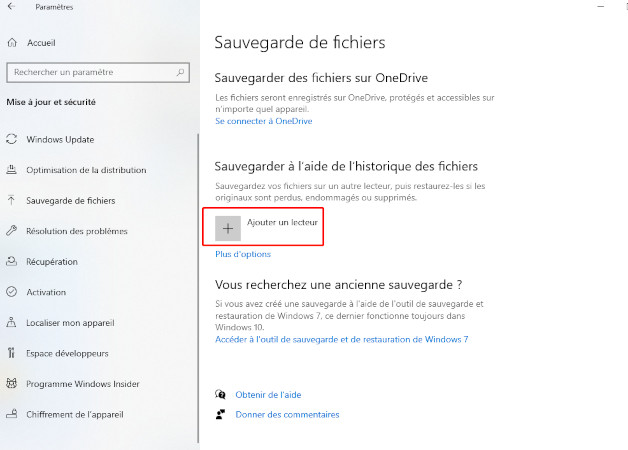 Ajouter un lecteur Paramètres de Windows