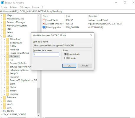 Créer une valeur DWORD (32 bits) dans le registre