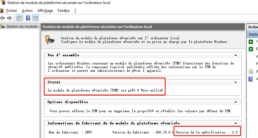 vérifier le TPM 2.0 dans la console de gestion du TPM sur l’ordinateur local