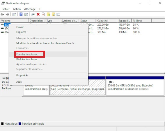étendre le volume pour corriger l'erreur de l'écran bleu du système de fichiers ntfs