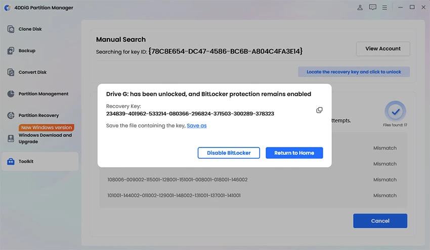 find key and unlock partition
