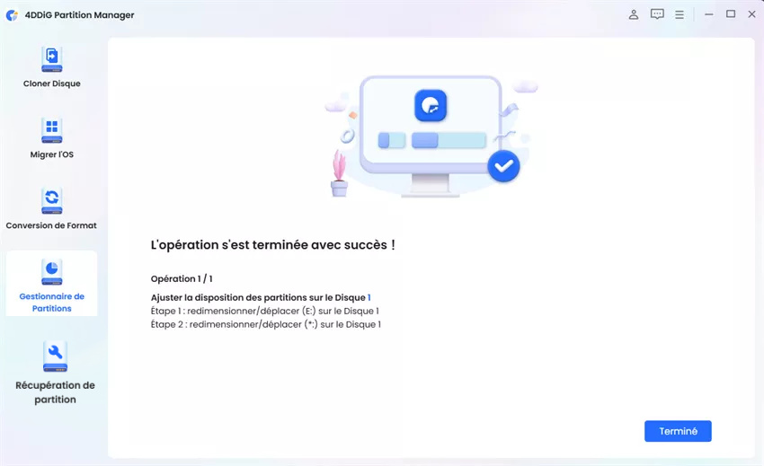 Processus d’extension de la partition terminé