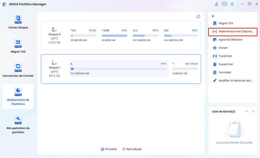 sélectionnez la partition et cliquez sur redimensionner