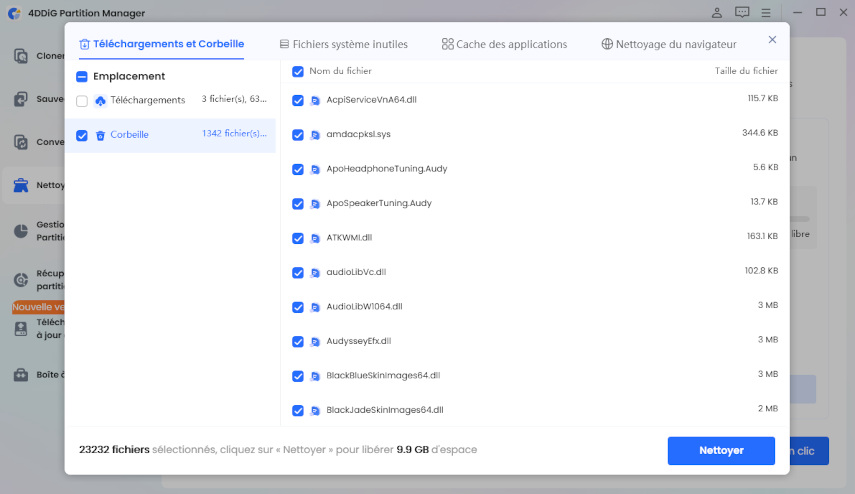 cliquez sur nettoyer après sélection